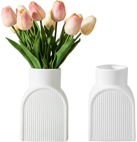 Fyfjur Vase Kunststoff, 2 Stück Blumenvase Weiß, Vasen Modern Gestreift Bruchsichere für Wohnzimmer, Büro, Hochzeitsdekoration (15,5x10,5x8,5cm)