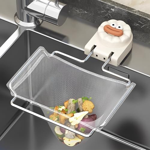 Kitchen Sink Strainer, Suction Cup Food Catcher, Foldable Waste Filter Rack, Sink Drain Basket, Hanging Dishcloth Holder with100PCS Filter Mesh Bags (Cream White)