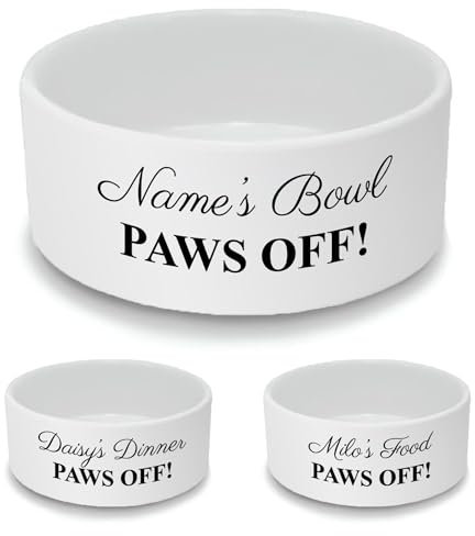 Personalised Ceramic Dog Bowl - Large White Pet Food Dish with Paws Off! Design - Custom Name Dog Bowl 18cm Wide x 7cm Deep - Ideal for Medium to Large Dogs
