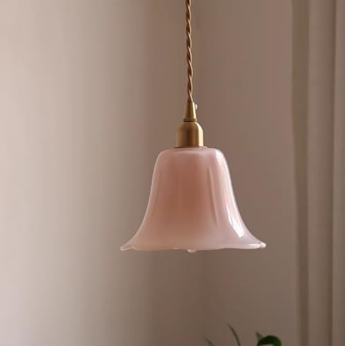 SXYSXYSXY Vintage Glas Hängelampe Japanischer Stil Minimalismus Messing Esszimmerlampe Schlafzimmer Nachttisch Pendelleuchte E27 Wohnzimmer Loft Korridor 15 * 15CM,Rosa