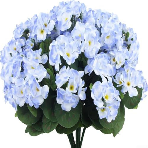 Artificial Geraniums Silk Flowers 14 Inch UV Protected Outdoor Decorative Plants With Multiple Flower Heads For Garden Porch Home Arrangement(Blue)