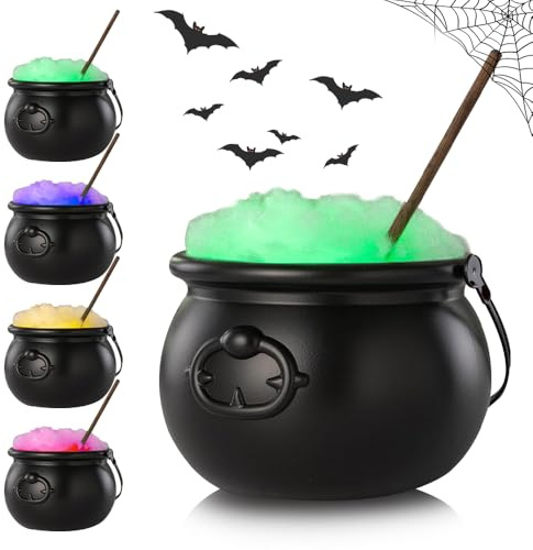 Halloween Hexenkessel mit Nebel, DIY Halloween Kessel mit Zauberstab, Füllwatte, 4 Farben LED-Lichter Spinne, Kessel Halloween, Halloween Deko Hexenkessel für Halloween Party Dekoration, Schwarz