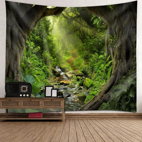 Homxi Home Decor Wall Hangings Living Room 82 W x 55 H IN, Trees Creek Scenery, Tapestries Aesthetic Polyester, Green