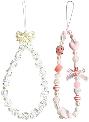 YSUY 2Pcs Cute Phone Charm Wrist Strap, Pearl Bow Crystal Flower Phones Charms, Pink Stylish Phone Chain, Anti-Lost Lanyard Handmade Phones Bracelet Strap, Adorable Charms for Women Girls