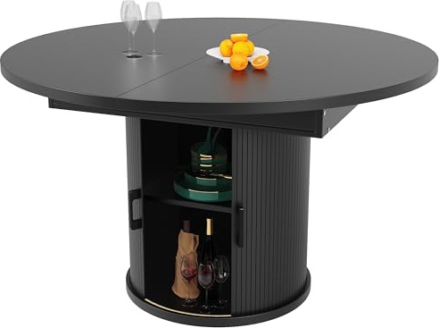 I0I&I0I Esstisch Ausziehbar Rund mit Stauraum – Küchentisch & Esszimmertisch Ø118-158 cm Oval, Platz für 6 Personen, Höhenverstellbare Füße, Modernes Design (Schwarz)