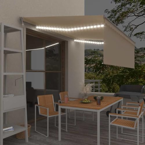 HaoChrymec Markise Einziehbar mit Rollo LED, Automatisch mit Windsensor, Sonnenschutz für Balkon, Klemmmarkise für Terrasse, Creme, 4x3 m