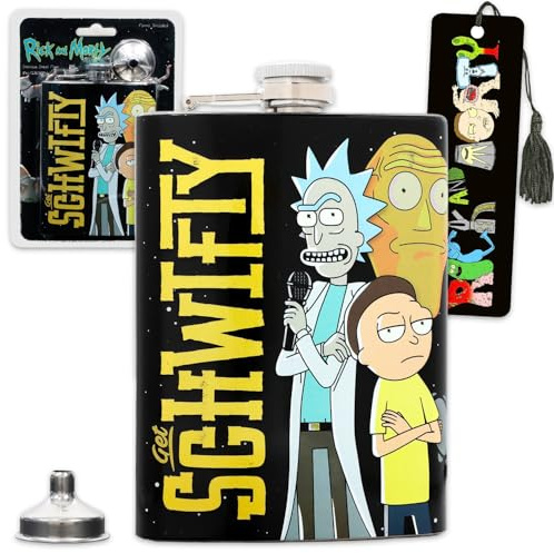 Rick and Morty Flachmann-Set für Erwachsene – Bündel mit Schwifty Edelstahl-Flachmann mit 237 ml Fassungsvermögen und mehr | Rick and Morty Trinkgeschirr für Damen und Herren