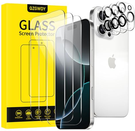QZGWDY Screen Protector for iPhone 16 Pro, 3 Tempered Glass Film + 3 Camera Lens Protector, Bubble-Free, Durable, 9H Hardness