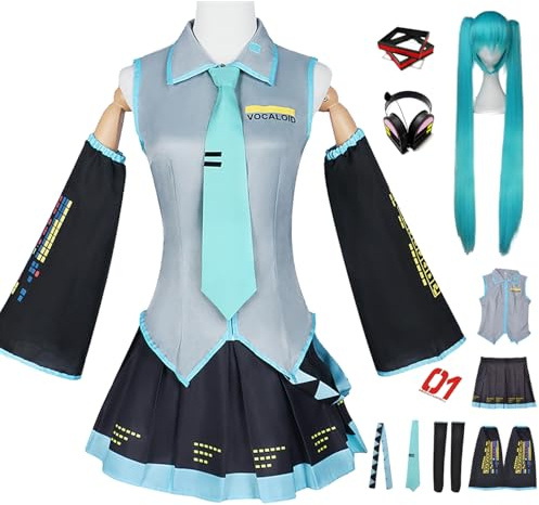 AYIMEIS Miku Cosplay Kostüm Set mit Perücke Kopfhörer Miku Verkleidung Anime Miku Uniform Weihnachten Halloween Karneval Party Bühnenauftritt Kostüm Erwachsene XXS-3XL