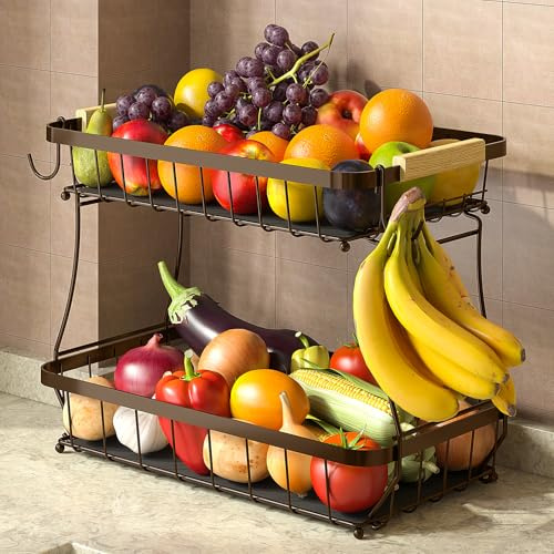 Fournine 2 Tier Fruit Bowl for Kitchien Storage, Brown, Extra Large | Sturdy Metal Rack for Veg, Onion, Bread, Snacks, Ample Storage for Whole Family, Includes 2 Banana Hangers and Washable Mats