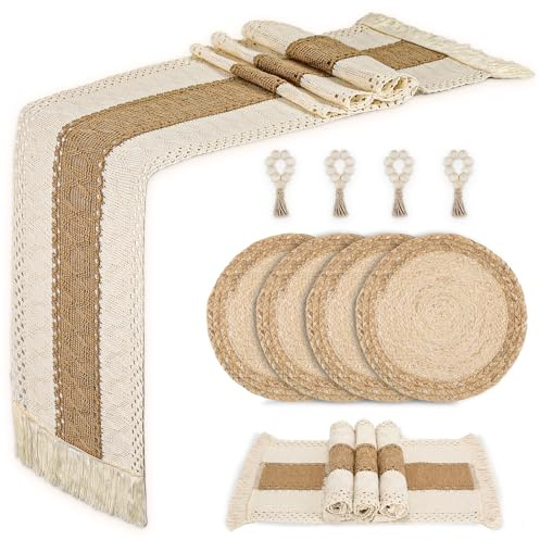 Zology Tischsets 4er-Set mit Tischläufer, Platzset und Serviettenringe | Platzset Boho,Natürlichem Hergestellt Baumwoll-Sackleinen und Maisschale,Rutschfeste, Hitzebeständig, im Landhausstil