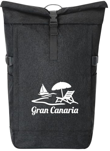 Huuraa Kurierrucksack Gran Canaria Inselmotiv Spanien Geschenk | 30-44 Liter Backpack Black Melange Fairtrade Rolltop Rucksack Geschenkidee Schwarzer Laptop-Rucksack passend für 17-Zoll