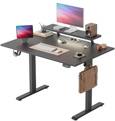 Agilestic Höhenverstellbarer Schreibtisch mit flexiblem Monitorständer | Schreibtisch elektrisch 120 x 80 cm, LED-Lichtleiste, USB-Steckdose, 2 Speicherplätze, für Homeoffice, Schwarz