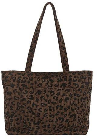 MYHALF Leo Tasche Leopardenmuster Handtasche Damen Cordtaschen Leoprint UmhäNgetasche Groß Tote Bag Shopper Mit ReißVerschluss Cord Wiederverwendbar Einkaufstasche Faltbar für Arbeit Reisen Einkaufen
