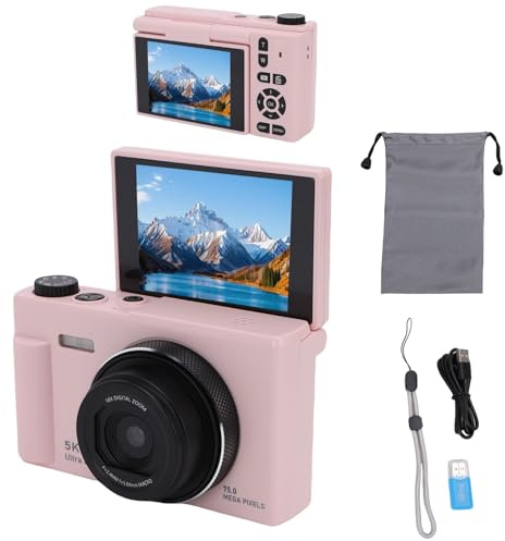BuyWeek Digitalkamera 5K 75MP Fotokamera, 18X Digitalzoom Autofokus HD Vlogging Kamera mit 2,8 Zoll 180 Grad Flip Bildschirm, Selfie, Integrierter Blitz, Unterstützt bis zu 256 GB Karten (Rosa)