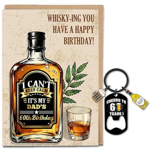 Runovate Dad 60th Birthday Gifts, Whisky Themed Birthday Card and Beer Bottle Opener Keyring Set, Cheers to 60 Years, Men 60th Birthday Gift from Son Daughter