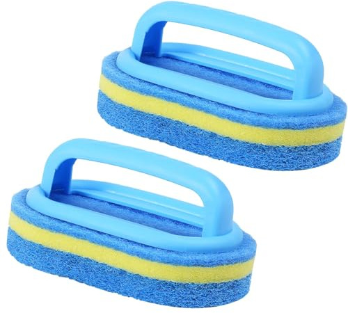 Ticha 2 Pcs Bathroom Cleaning Sponge Brush with Plastic Handle Multi Function Scourer for Kitchen Tiles Bathtub(Blue 14 x 9 x 7.5cm)