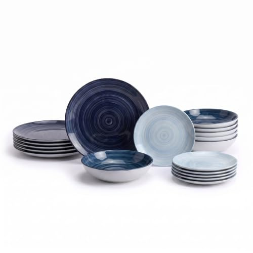 INTRECCI Servizio Piatti – Set Completo per 6 Persone in Porcellana – Design Moderno – Piatti Tavola Eleganti – Compatibili Lavastoviglie e Microonde - Set 18 piatti, modello: Linea Mare