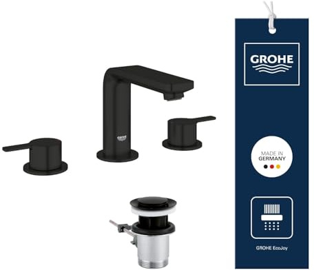 GROHE Lineare, Waschtischarmatur wassersparend (3-Loch Wasserhahn für das Bad, Badarmatur mit Zugstangen-Ablauf, 12cm hoch, Armatur mit 2 Griffen, verstellbarer Mousseur), mattschwarz, 203042431