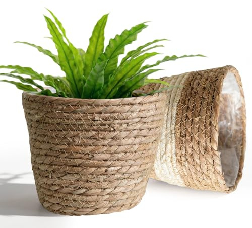 Pflanzenkorb Seegras, 2 Stück Blumentöpfe Geflochten Seegras Blumentopf | Rund 18cm übertopf Geflochten Blumentopf Natur Dekorativ übertopf Korb Bertopf mit Wasserdichtem Innenfutter