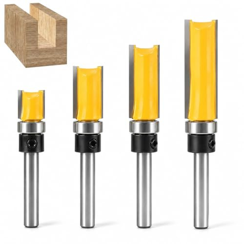 4 Pcs Flush Trim Router Bit Set 1/4 Shank with Bearing Woodworking Router Bits Straight Pattern Cutter Tools for Edge Trimming Template Milling Finishing Bearing Wood Top Woodworking Milling Tools