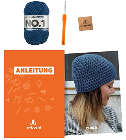 myboshi Häkelset Mütze Chiba, inkl. No.1 Wolle, Nadel und Anleitung, für Mützen und Schals, Häkelpaket, 30% Merinowolle Blau, mit Häkelnadel