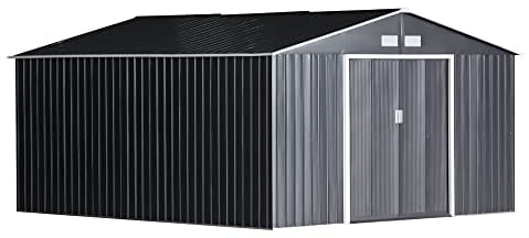 Outsunny Metall Gerätehaus 26,2m³ 340x386x200cm Geräteschuppen mit Satteldach Fundament Schiebetür wetterfest Gartenhaus Outdoor Garten Schuppen Schrank für Außenbereich, Kohlegrau