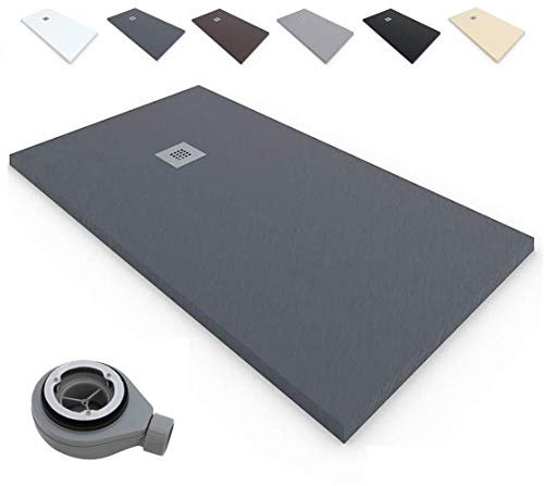 Plato de Ducha RESINA Extraplano EstiloBaño®TERRA - Antideslizante TEXTURA PIZARRA - Todas Las Medidas Disponibles -Varios colores -【70x110, Grafito Ral-7016】- Incluye Válvula desagüe+Rejilla