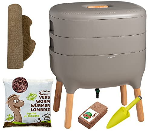 Moutta | Urbalive 2 Plateaux Gris Kit Complet I Lombricomposteur Design I 500gr de vers de Compost I Substrat de démarrage I Tapis de Chanvre + Pelle I Intérieur, Balcon et Jardin