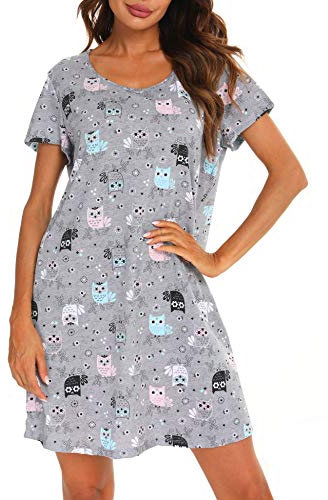 ENJOYNIGHT Chemise de Nuit Femme Manches Courtes Vêtements de Nuit Coton Imprimé Robe de Nuit (X-Large,Hibou Gris)