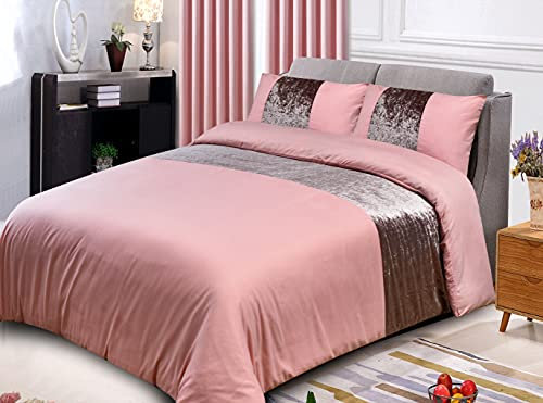 ROOEE Crushed Velvet Panel Duvet Cover with Pillowcase Bedding Set. [ Colour Blush-Pink Size Double ]