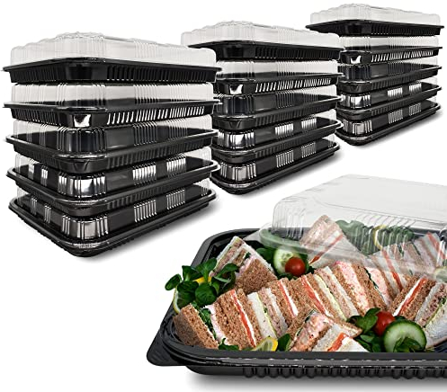 ebake Confezione da 25 vassoi per sandwich con coperchio, vassoi riutilizzabili in plastica per buffet, catering, panini e piatti da portata per feste, eventi e compleanni, 34 x 24 x 7,5 cm