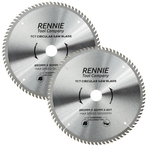 (PACK OF 2) 260mm x 30mm Bore x 80T TCT Circular Wood Saw Blades Includes 25mm 20mm & 16mm Bore Reduction Rings. Compatible with Festool Bosch Makita Dewalt Circular Saw Etc.