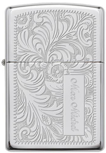 Encendedor Personalizado Creado a Partir de un Encendedor Venitian Plateado con su Texto Grabado - Briquet personnalisé argenté Venitian