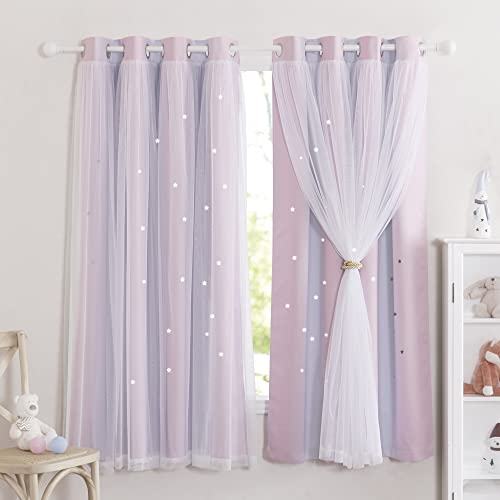 NICETOWN Gardinen Kinderzimmer Mädchen 2er Set Doppellagige Vorhänge mit Hohlen Sternen und Voile Dekoration Verdunklungsvorhänge Kurz H 160 x B 132 cm, Pink+Lila