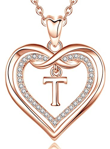 AEONSLOVE Letter Necklace for Women Rose Gold Heart T Initial Pendant Name Necklace Personalised Jewelry Gift for Girls Friends Ladies Daughter Valentine's Day Gift
