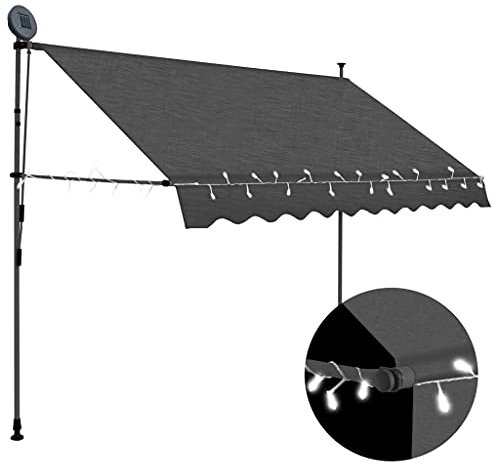 Tidyard Einziehbare Markise Handbetrieben mit LED 300 cm Anthrazit Klemmmarkise Balkonmarkise Sonnenschutz Terrasse Balkon Garten