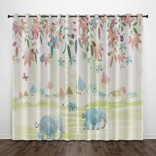 loyaltyer Gardinen Blauer Elefant Vorhang 3D Weicher Blickdichte Vorhänge Thermovorhang Kälteschutz Schlaufenschal 2er Set mit Ösen für Schlafzimmer Wohnzimmer Kinderzimmer, 245x140 cm(HxB)