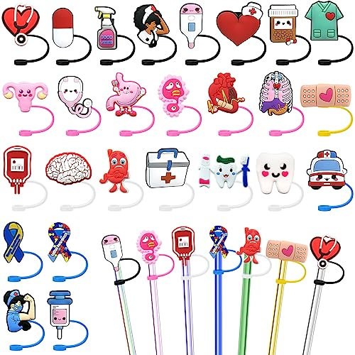 ZYNERY 26 PCS Silicone Straw Holder Cover, Nurse Themed Straw Cover Cap, Anti-Dust Seal Straw Caps for Reusable Straws, Straw Toppers for 6-8mm Straws, Straw Tips Cover for Doctor Nurse Party Gifts