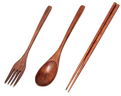 Ezweiji Juego de vajilla de bambú de estilo japonés, reutilizable, vajilla de viaje, cubiertos de camping, tenedor de madera natural, cuchara para sopa, sal, café, mezcla para el uso diario con lanza