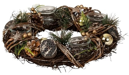 Weihnachtlicher Adventskranz aus Mehreren Materialien rund mit Gold/brauner Dekoration für Teelichter Durchmesser 33 cm