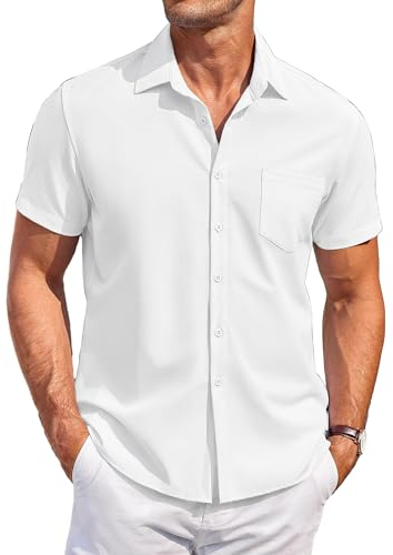 COOFANDY Herren Hemd Kurzarm Freizeithemd Businesshemd Sommer Hemd Casual Regular Fit Shirt Strand Hemd Kurzarmhemd Button Down Hemd mit Tasche Weiß L