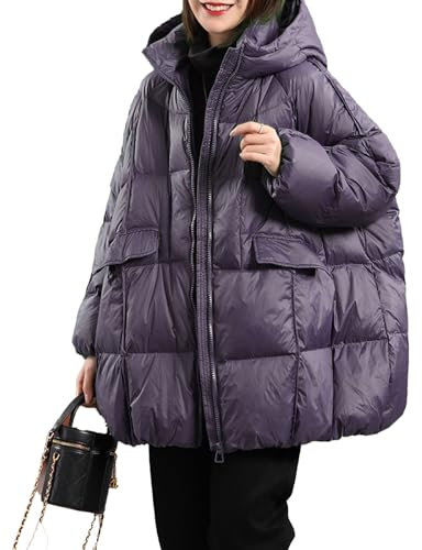 Piumino Invernale da Donna Bianco in Piuma D'Anatra con Cappuccio Caldo Piumino Oversize Femminile Casual Allentato Parka Tascabile,Viola,S