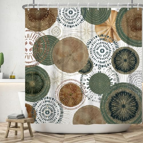 ASDCXZ Rideau de Douche 180x180 cm, Moderne Boho Vert Marron Or Cercle Blanc Lavable Rideaux de Douche Textile imperméable Rideau de Bain pour Baignoire avec 12 Crochets