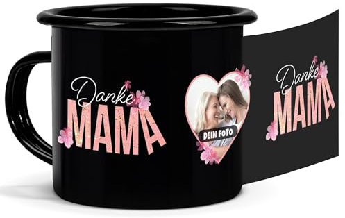 Tassendruck Schwarze Emaille-Tasse - Danke Mama - mit Foto selbst gestalten - Geschenk für Mama, Beste Mutter, Dankeschön | Personalisiertes Fotogeschenk, Bruchsicher, Schwarz 300 ml