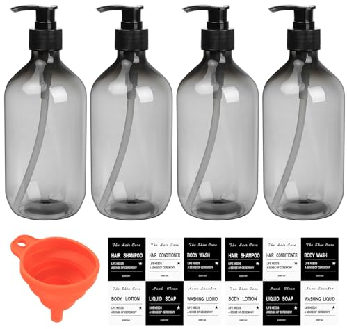 4 Piezas Botellas de Champú Vacías, 500 ml Botellas Dispensadoras de Jabón, Dosificador de Bomba Plástico para Líquido/Jabón/Champú/Loción/Gel de Ducha, con Embudo (Redondo Transparente Negro)