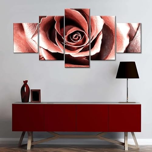 KRAJONO Leinwandbild Wandposter 5er Set Deko für Schlafzimmer Leinwand Bedrucken Lassen Roségoldene Blume Deko Wohnzimmer Modern Mehrteilige Wandbilder Ungerahmt 200 * 100cm