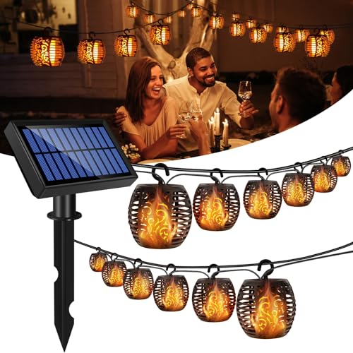 highsam Solar Lichterkette Aussen, Solar Lampions Außen Wetterfest mit Flammeneffekt, IP65 Wasserdicht Solarlampen für Garten Hängend Geländer Balkon Deko (10 Laternen-Abstand Aufrüsten)