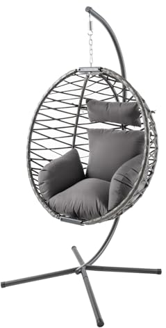 riess-ambiente In- und Outdoor Hängesessel Ibiza anthrazit Rattan mit Gestell wetterfest inkl. Kissen Hängekorb Hängeschaukel Hängestuhl 120kg zum Aufhängen