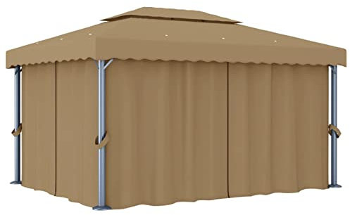 Homgoday Tonnelle avec rideau gris taupe aluminium 4 x 3 m